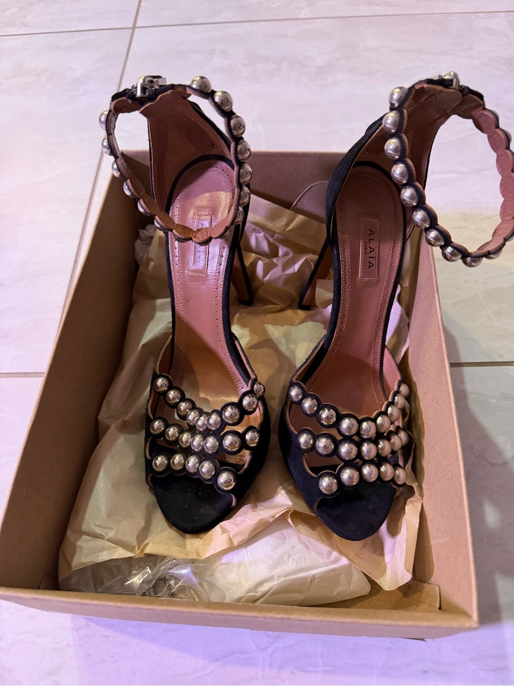 Alaïa Black Pearl-Embellished Ankle-Strap Heels